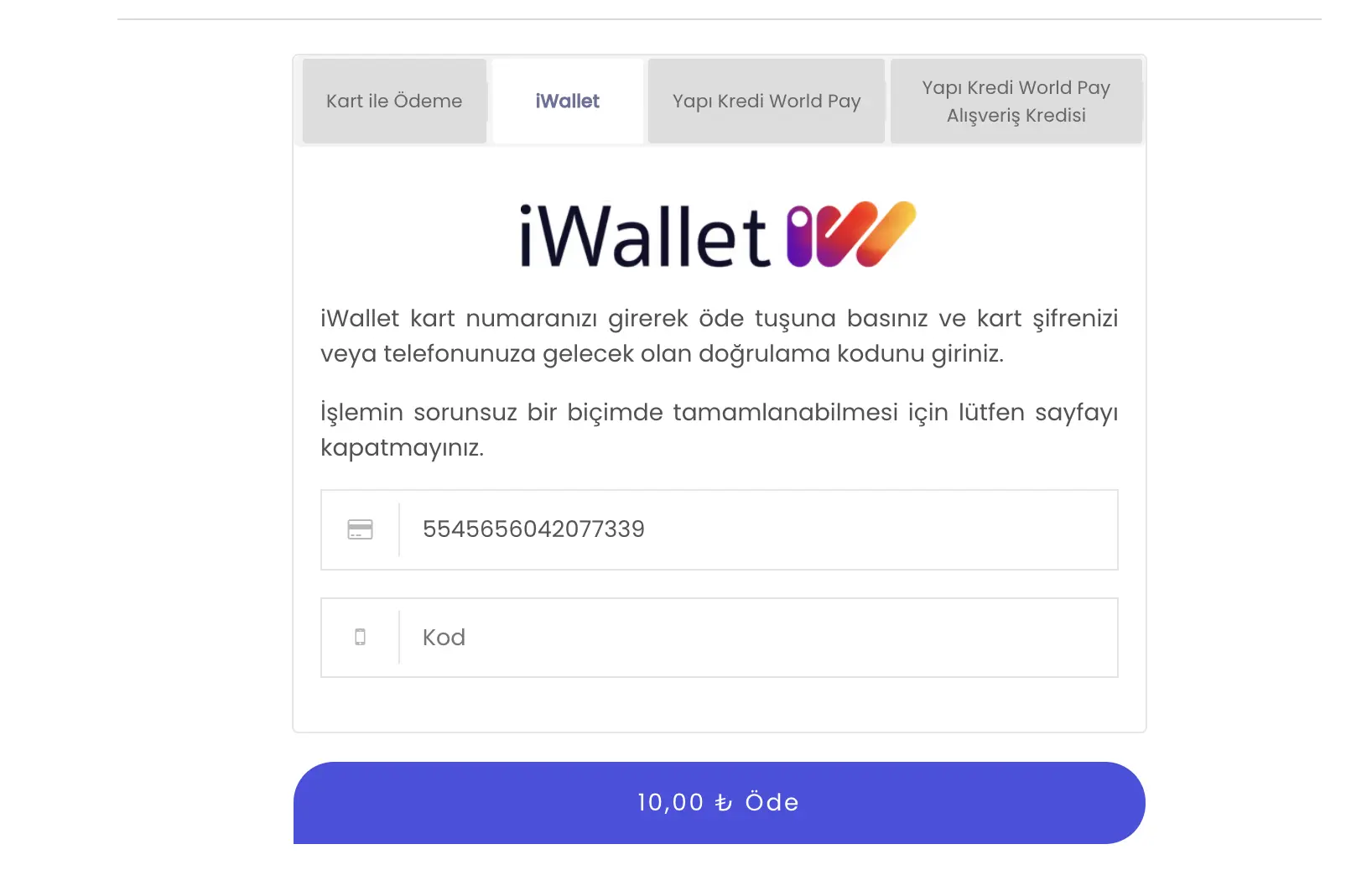 iWallet Ortak Ödeme Sayfası Sekmesi