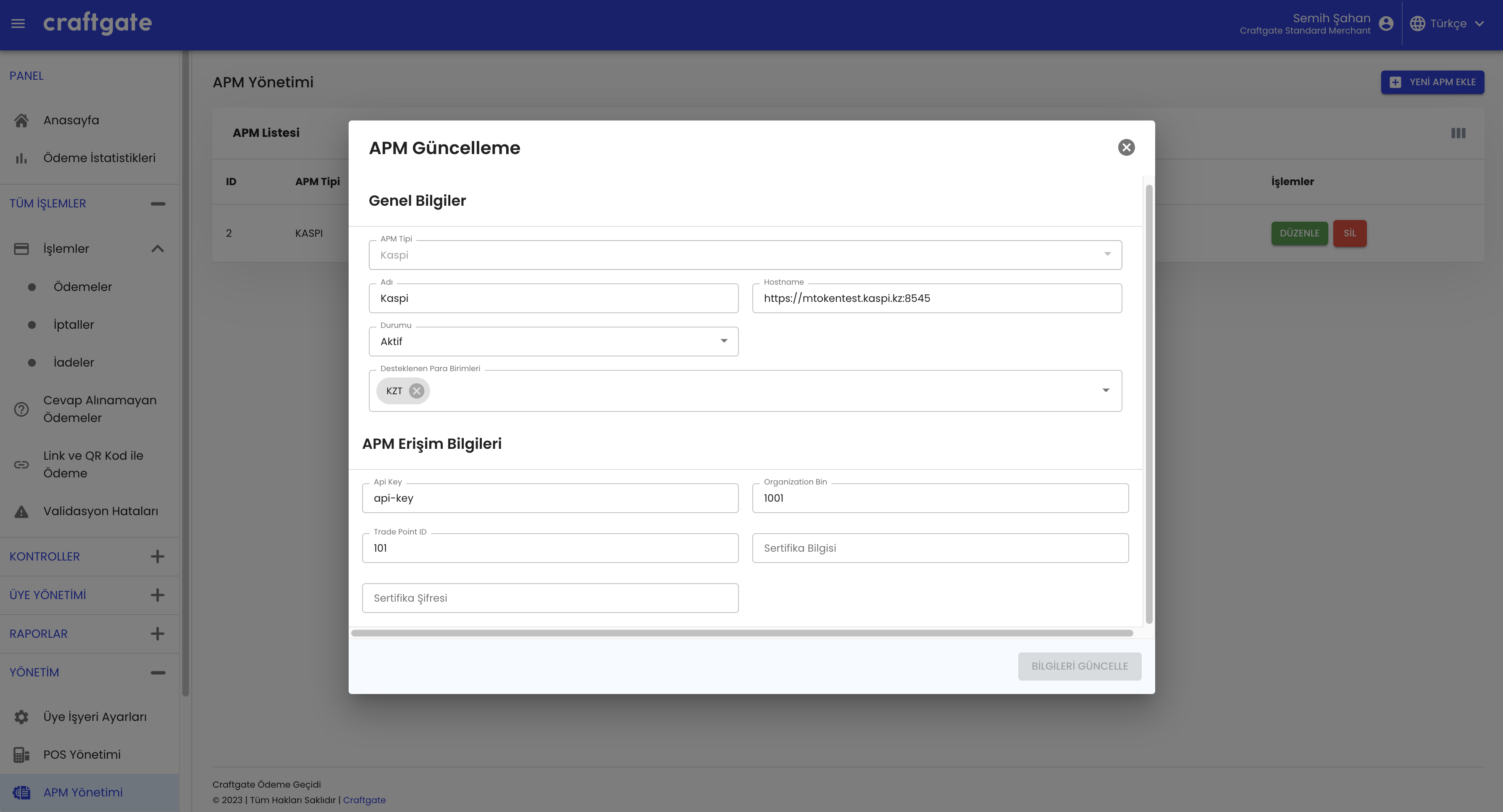 Kaspi integration settings