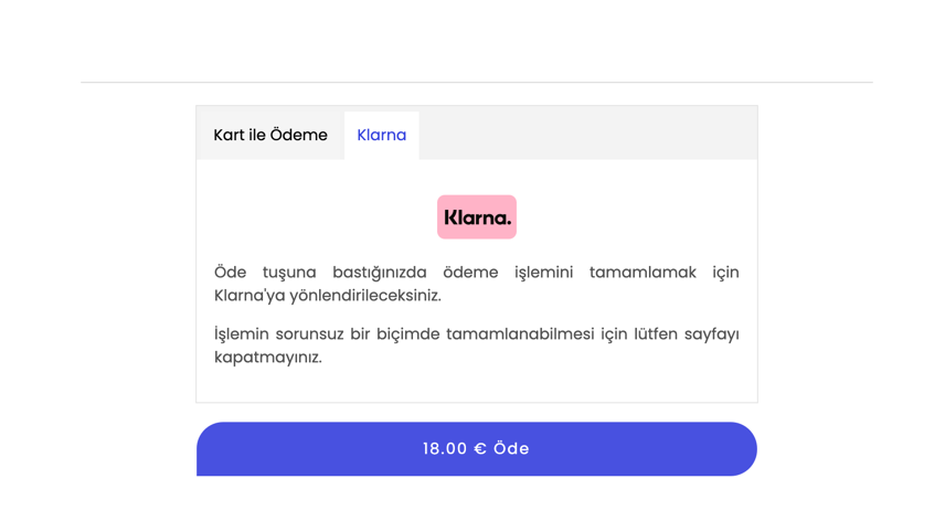 Klarna Ortak Ödeme Sayfası Sekmesi