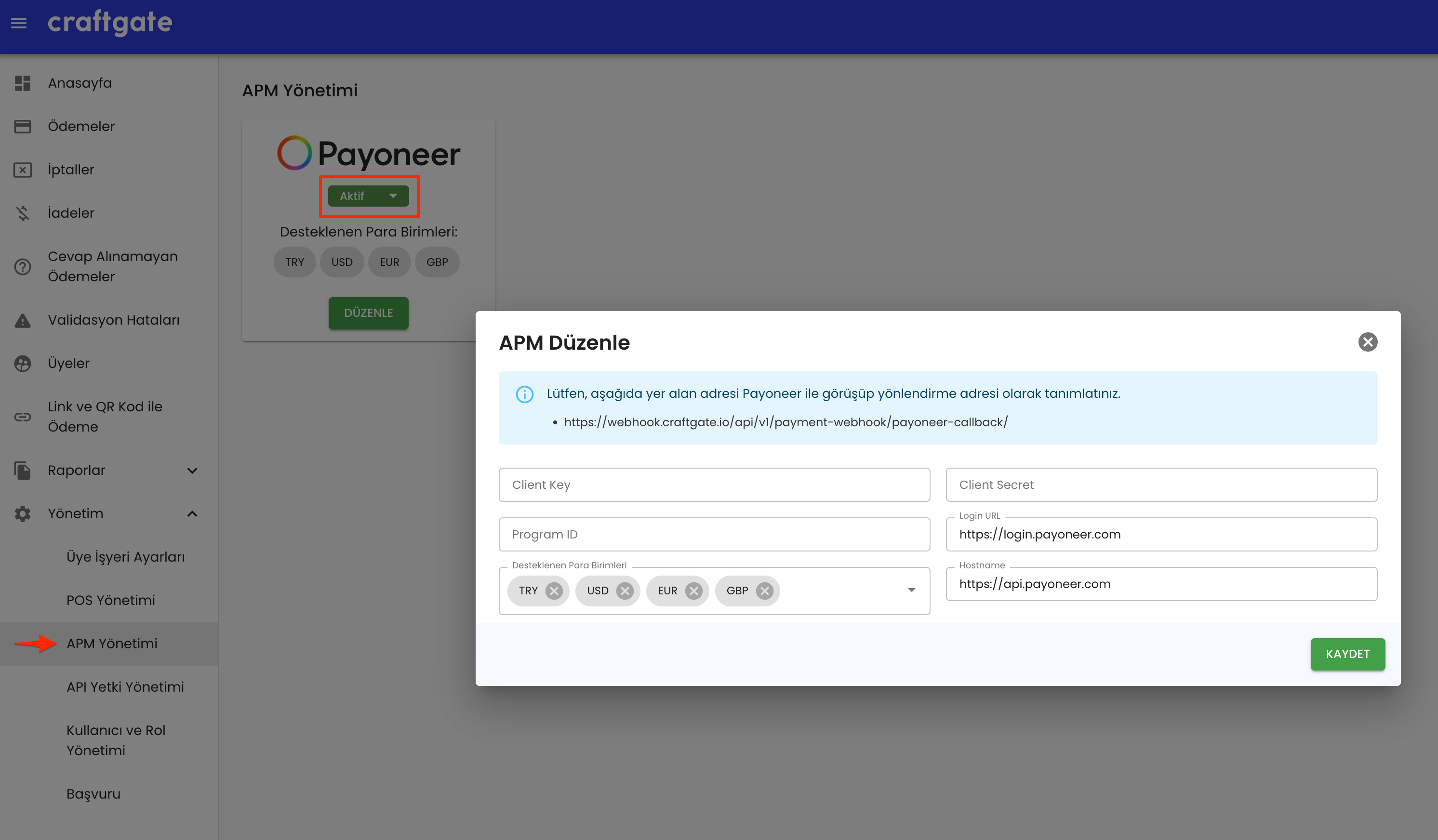 Payoneer integration settings