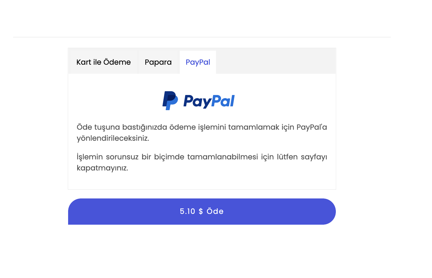 PayPal Ortak Ödeme Sayfası Sekmesi