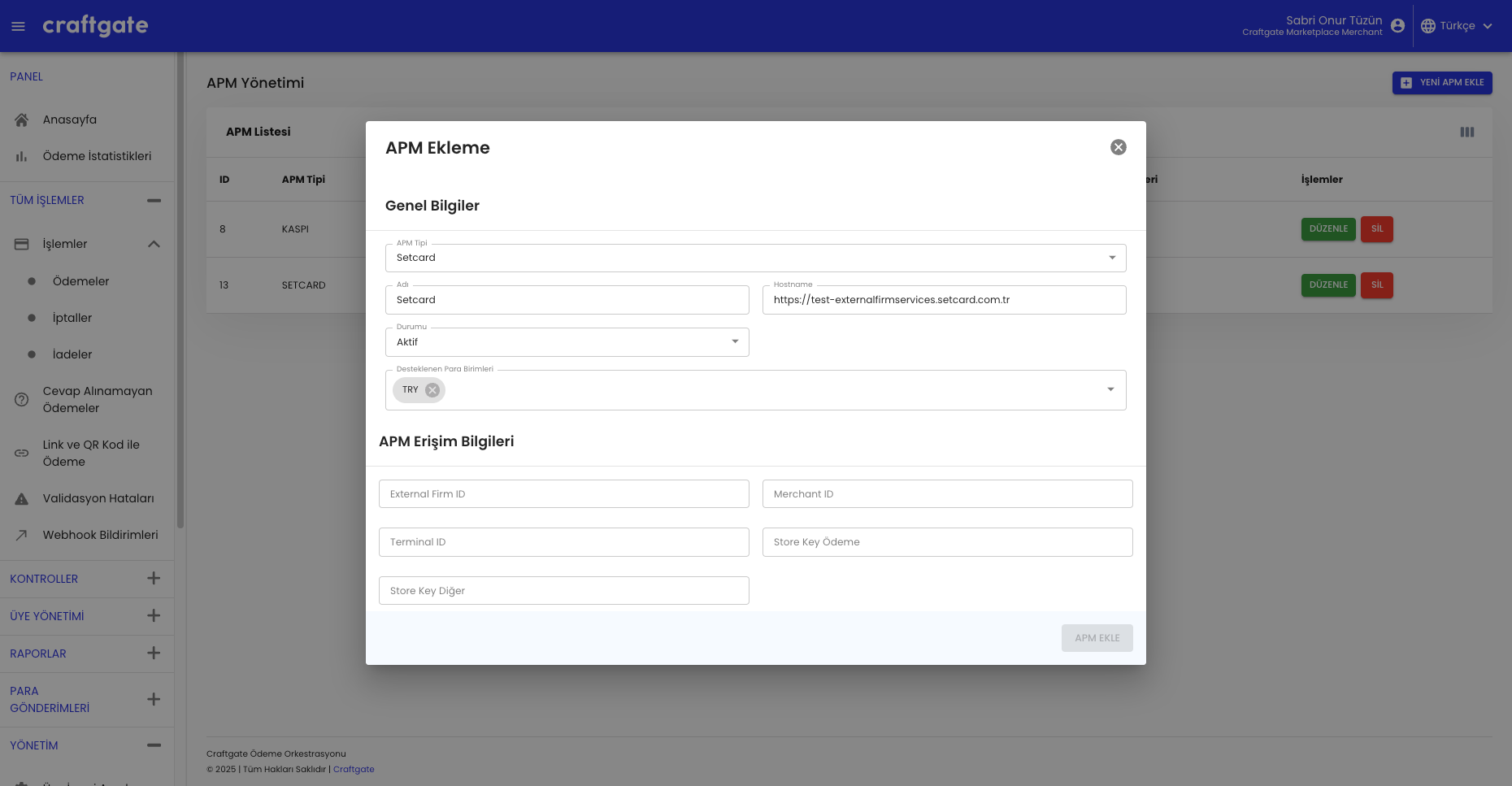 Setcard Entegrasyon Ayarları