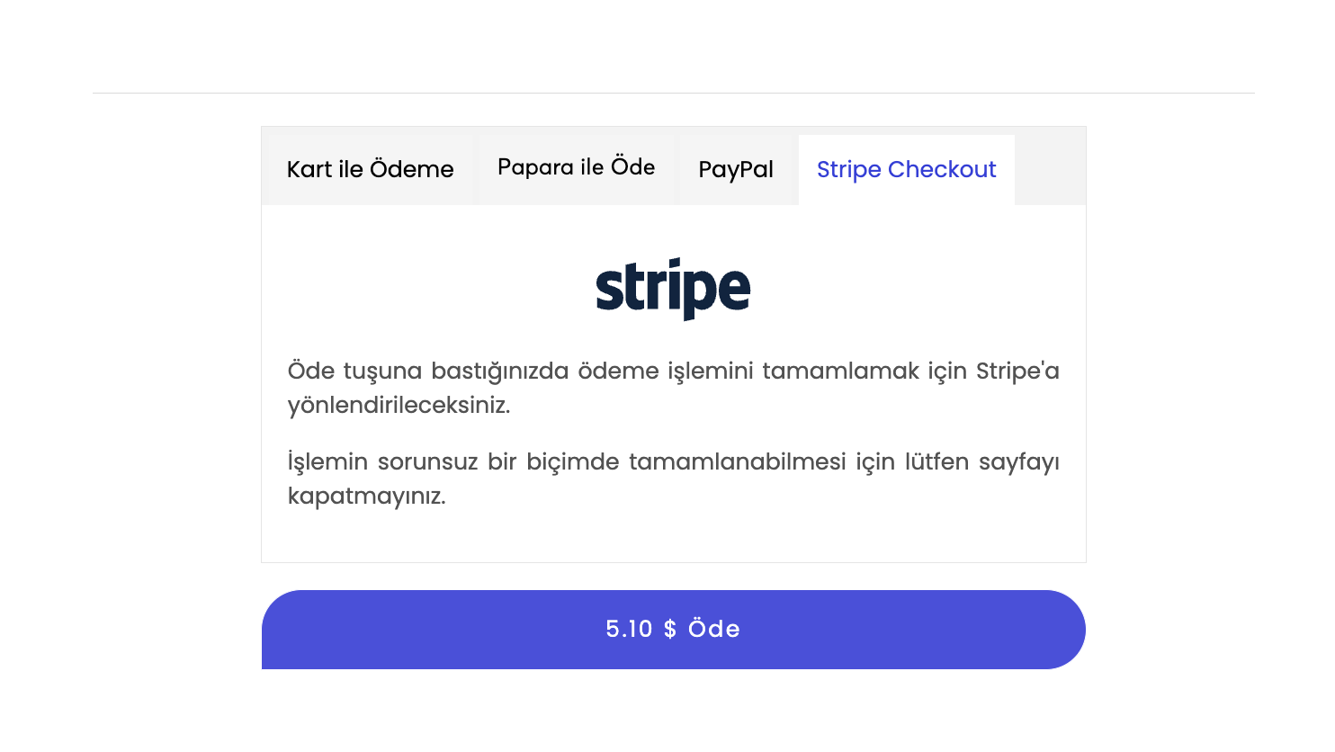 Stripe Ortak Ödeme Sayfası Sekmesi