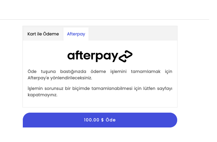 Afterpay Ortak Ödeme Sayfası Sekmesi